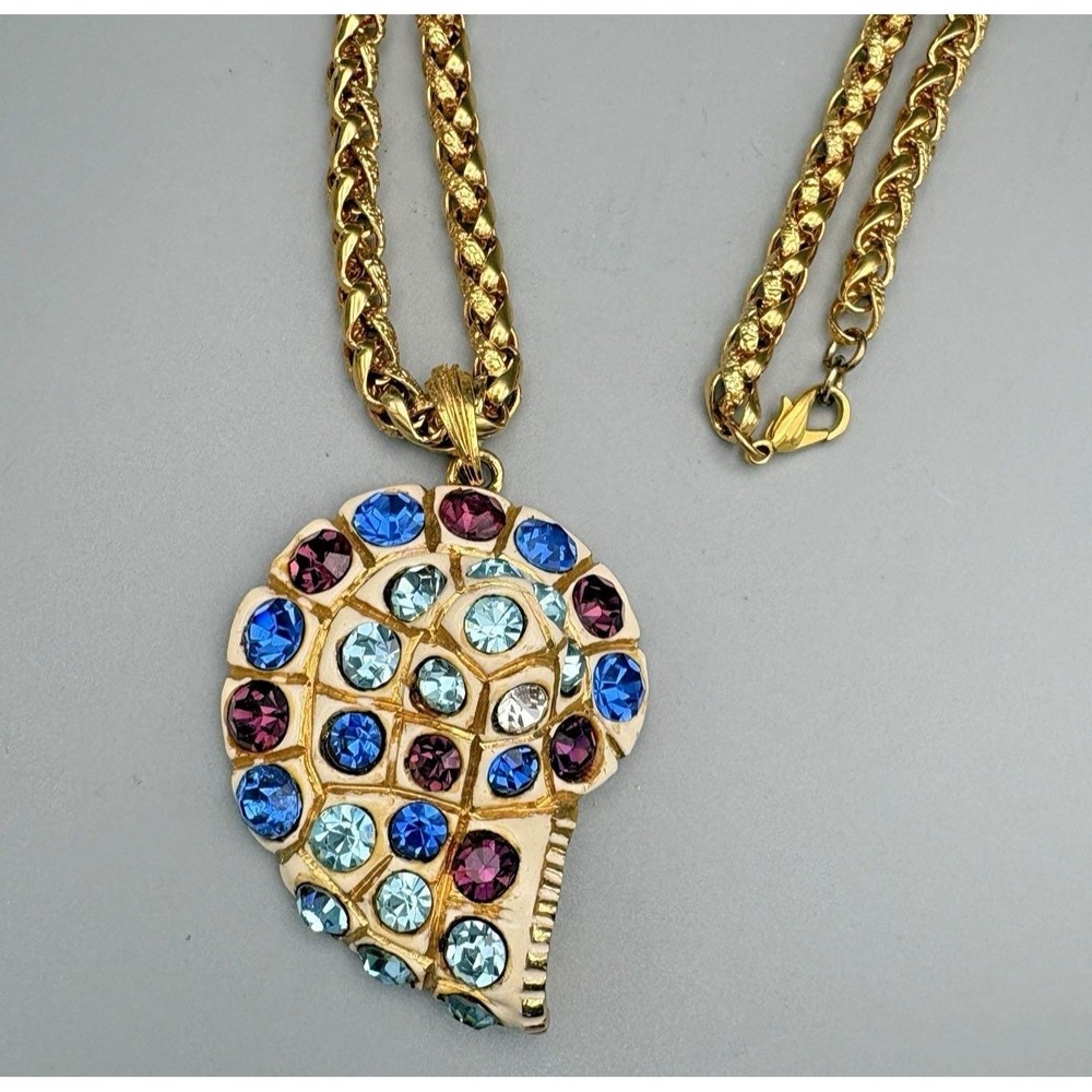 Vintage Craft Necklace Nautilus Enamel Rhinestones Chunky Nautical Heavy READ